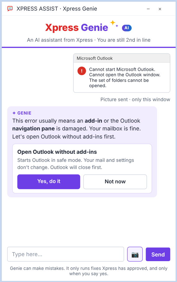 Xpress Genie reading an Outlook error and offering a fix