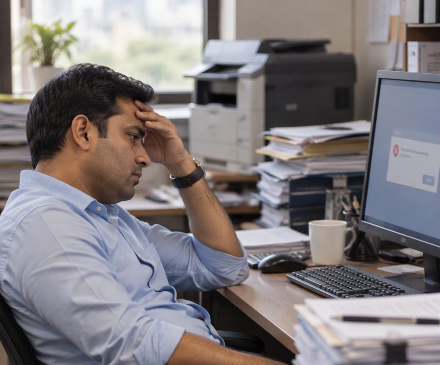 An employee frustrated by a slow PC