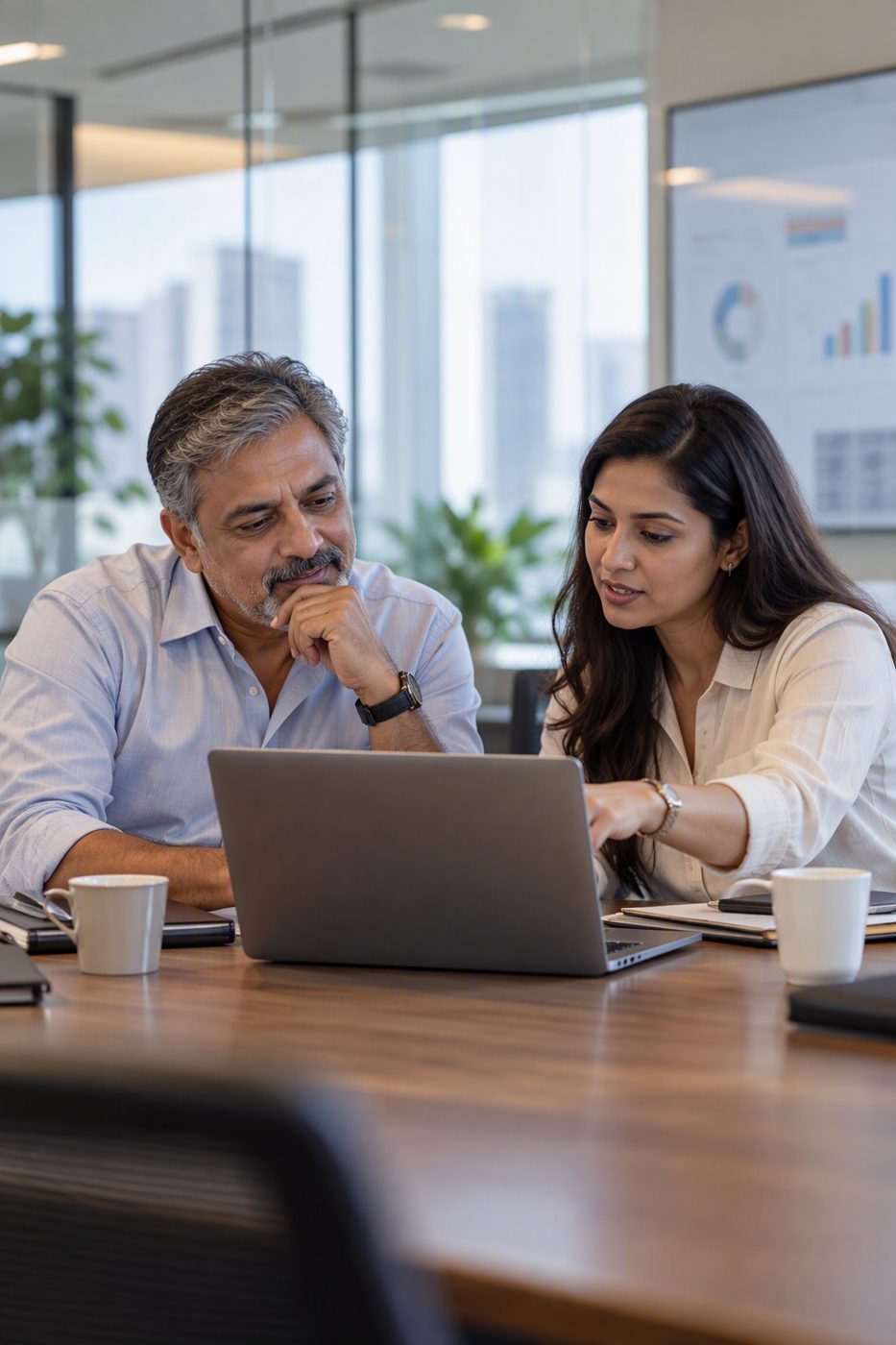Two colleagues working on a notebook