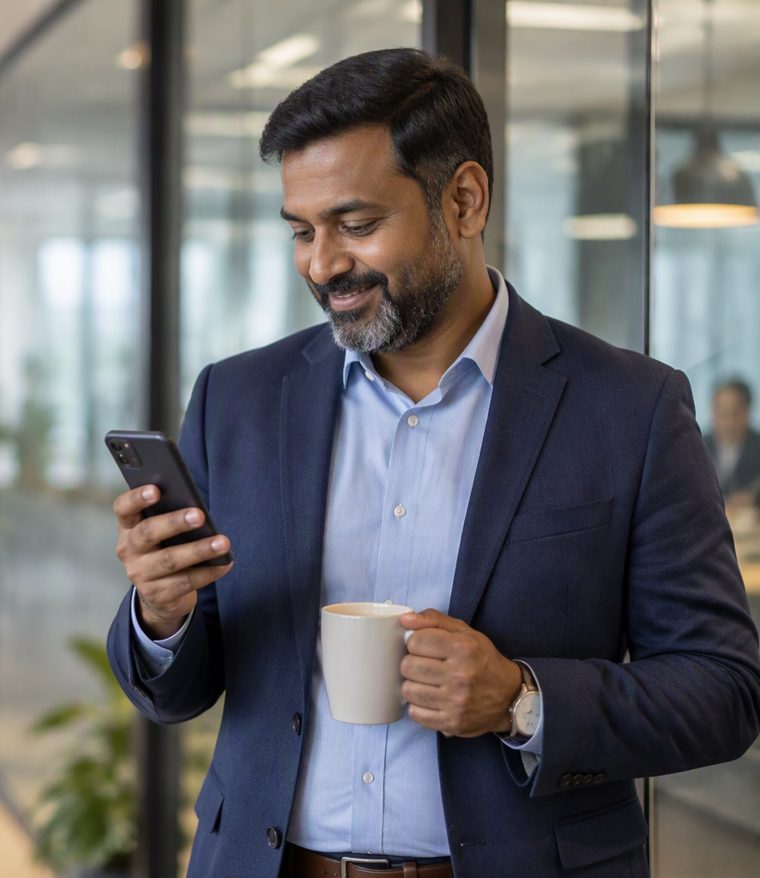 A business owner checking the Xpress ASSIST control panel on his phone